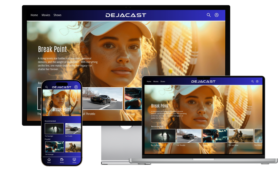 A Dejacast streaming app on TV, laptop, tablet and phone
